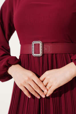 Piliseli Fırfırlı Kuşaklı Şifon Elbise Bordo - Tesettür Elbise