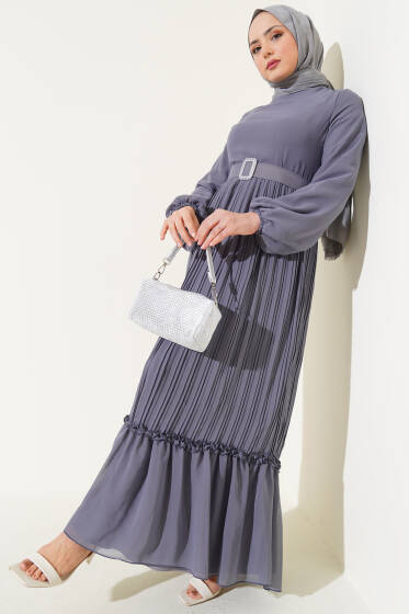 Piliseli Fırfırlı Kuşaklı Şifon Elbise Gri - Elbise