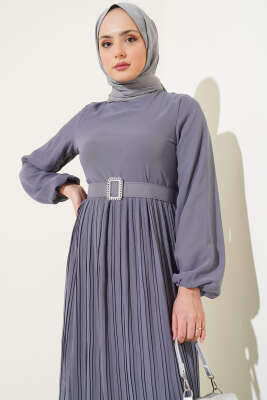 Piliseli Fırfırlı Kuşaklı Şifon Elbise Gri - Tesettür Elbise