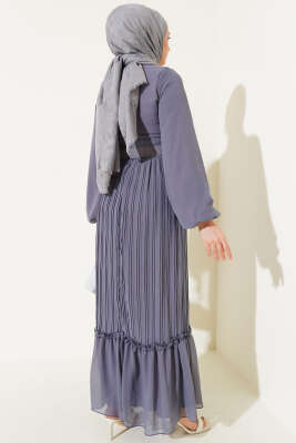 Piliseli Fırfırlı Kuşaklı Şifon Elbise Gri - Tesettür Elbise