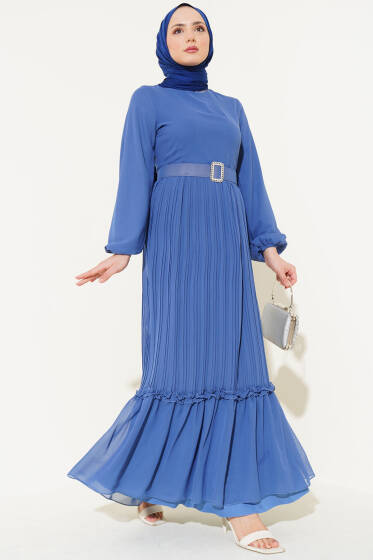 Piliseli Fırfırlı Kuşaklı Şifon Elbise İndigo - Tesettür Elbise