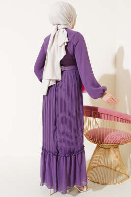 Piliseli Fırfırlı Kuşaklı Şifon Elbise Lila - Tesettür Elbise