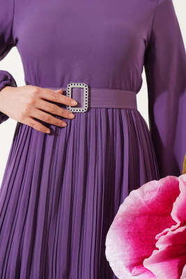 Piliseli Fırfırlı Kuşaklı Şifon Elbise Lila - Tesettür Elbise