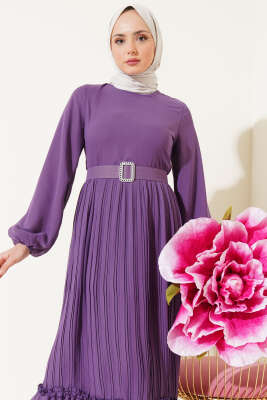 Piliseli Fırfırlı Kuşaklı Şifon Elbise Lila - Tesettür Elbise