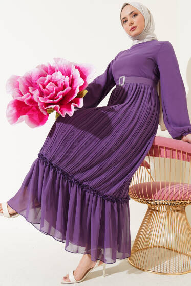 Piliseli Fırfırlı Kuşaklı Şifon Elbise Lila - Tesettür Elbise