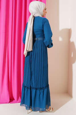 Piliseli Fırfırlı Kuşaklı Şifon Elbise Petrol - Tesettür Elbise