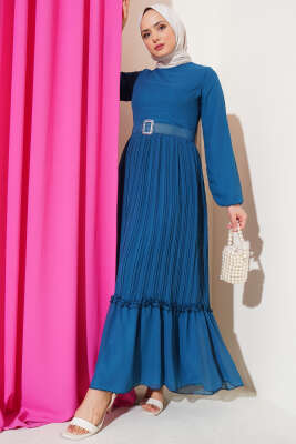 Piliseli Fırfırlı Kuşaklı Şifon Elbise Petrol 