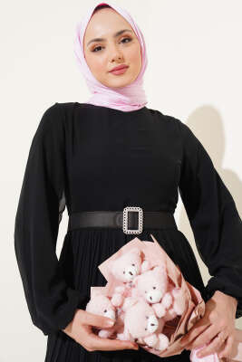 Piliseli Fırfırlı Kuşaklı Şifon Elbise Siyah - Tesettür Elbise