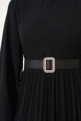 Piliseli Fırfırlı Kuşaklı Şifon Elbise Siyah - Tesettür Elbise