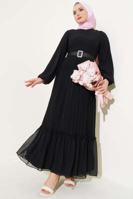 Piliseli Fırfırlı Kuşaklı Şifon Elbise Siyah 