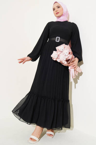 Piliseli Fırfırlı Kuşaklı Şifon Elbise Siyah - Tesettür Elbise
