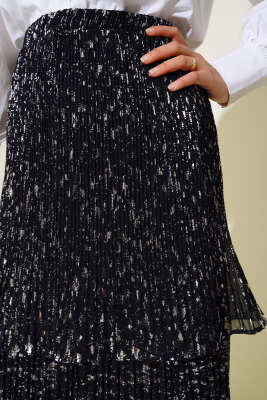 Piliseli Kat Şifon Etek Siyah - Uzun Etek