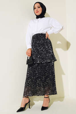 Piliseli Kat Şifon Etek Siyah - Uzun Etek