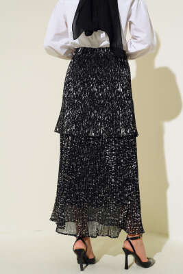 Piliseli Kat Şifon Etek Siyah - Uzun Etek