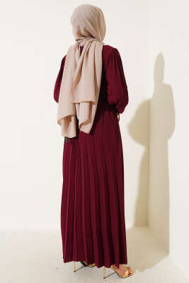 Piliseli Kemerli Ayrobin Elbise Bordo - Tesettür Elbise