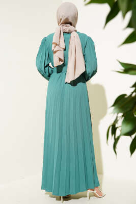 Piliseli Kemerli Ayrobin Elbise Çağla Yeşili - Tesettür Elbise