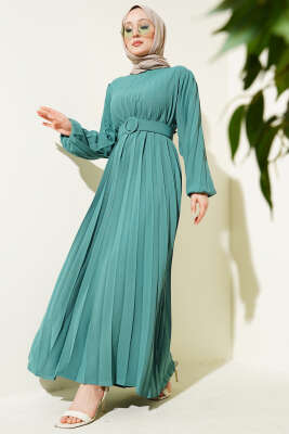 Piliseli Kemerli Ayrobin Elbise Çağla Yeşili 