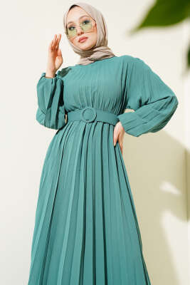 Piliseli Kemerli Ayrobin Elbise Çağla Yeşili - Tesettür Elbise
