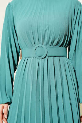 Piliseli Kemerli Ayrobin Elbise Çağla Yeşili - Tesettür Elbise