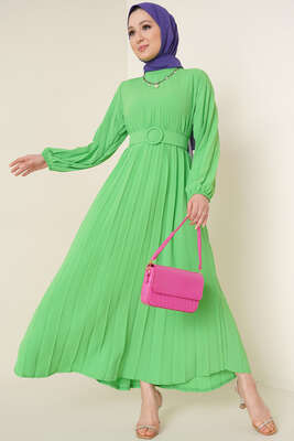 Piliseli Kemerli Ayrobin Elbise Fıstık Yeşili - 1