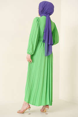 Piliseli Kemerli Ayrobin Elbise Fıstık Yeşili - 3