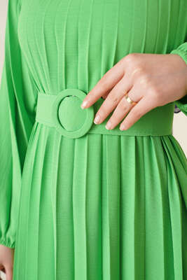 Piliseli Kemerli Ayrobin Elbise Fıstık Yeşili - 4