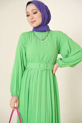 Piliseli Kemerli Ayrobin Elbise Fıstık Yeşili - Thumbnail
