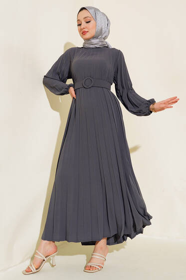 Piliseli Kemerli Ayrobin Elbise Füme - Elbise