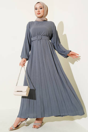Piliseli Kemerli Ayrobin Elbise Gri - Elbise