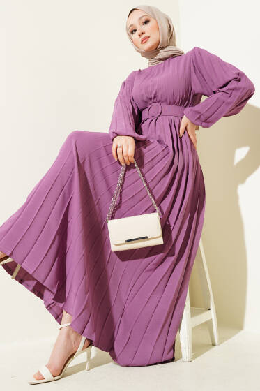 Piliseli Kemerli Ayrobin Elbise Gül Kurusu - Elbise