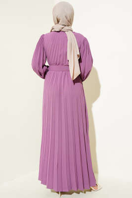 Piliseli Kemerli Ayrobin Elbise Gül Kurusu - Tesettür Elbise