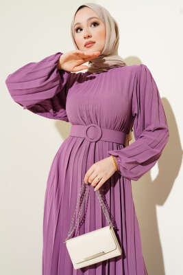 Piliseli Kemerli Ayrobin Elbise Gül Kurusu - Tesettür Elbise