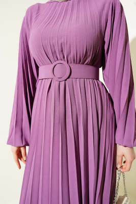 Piliseli Kemerli Ayrobin Elbise Gül Kurusu - Tesettür Elbise