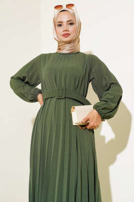 Piliseli Kemerli Ayrobin Elbise Haki - Tesettür Elbise