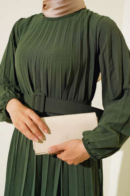 Piliseli Kemerli Ayrobin Elbise Haki - Tesettür Elbise