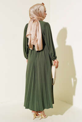 Piliseli Kemerli Ayrobin Elbise Haki - Tesettür Elbise