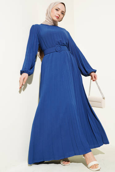 Piliseli Kemerli Ayrobin Elbise İndigo - Elbise