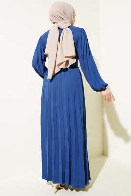 Piliseli Kemerli Ayrobin Elbise İndigo - Tesettür Elbise