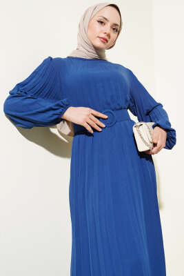 Piliseli Kemerli Ayrobin Elbise İndigo - Tesettür Elbise