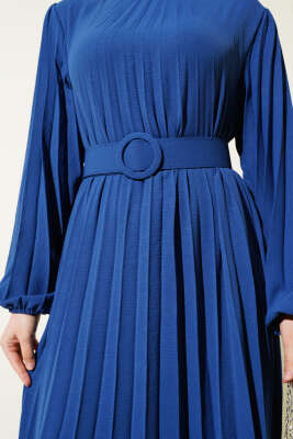 Piliseli Kemerli Ayrobin Elbise İndigo - Tesettür Elbise