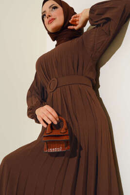 Piliseli Kemerli Ayrobin Elbise Kahve 