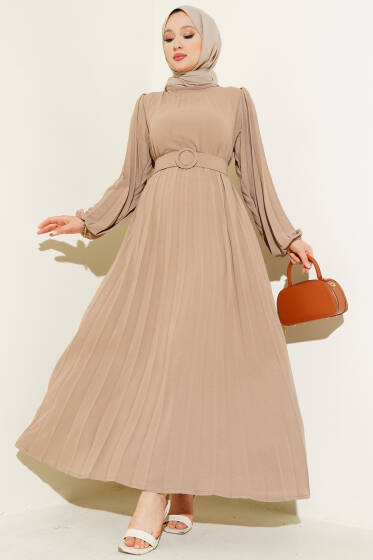 Piliseli Kemerli Ayrobin Elbise Latte - Elbise