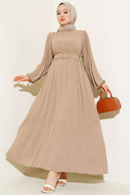 Piliseli Kemerli Ayrobin Elbise Latte 