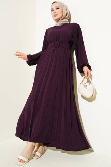 Piliseli Kemerli Ayrobin Elbise Mürdüm - Elbise