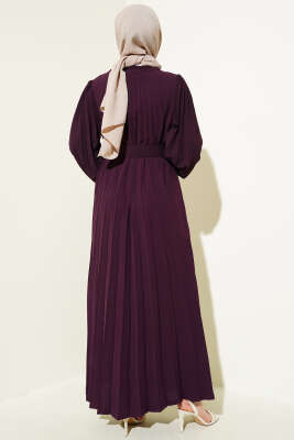 Piliseli Kemerli Ayrobin Elbise Mürdüm - Tesettür Elbise