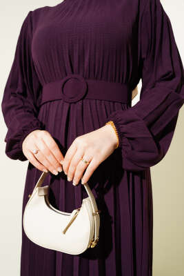 Piliseli Kemerli Ayrobin Elbise Mürdüm - Tesettür Elbise