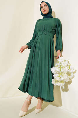 Piliseli Kemerli Ayrobin Elbise Pers Yeşili 