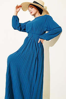 Piliseli Kemerli Ayrobin Elbise Petrol 