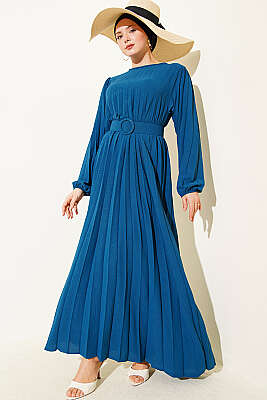 Piliseli Kemerli Ayrobin Elbise Petrol - Elbise