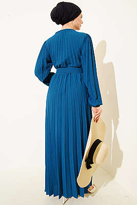 Piliseli Kemerli Ayrobin Elbise Petrol - Elbise